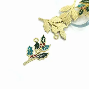 1, 4, or 20 Pieces: Enamel Christmas Mistletoe Holly Charms