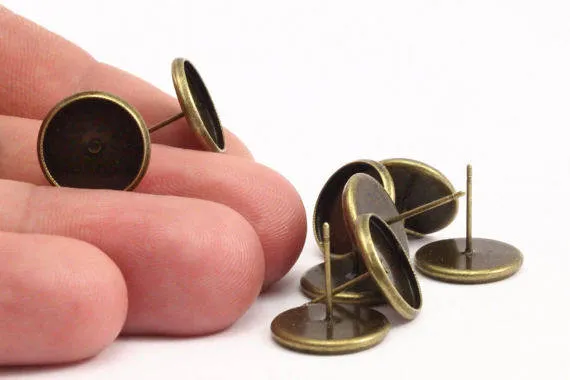 10mm Tray Cabochon Earring, 50 Antique Bronze Earring Posts 10mm Pad, Ear Studs Cabochon Setting D0191