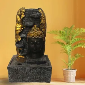 Art N Hub Lord Buddha Face Table Top Indoor Water Fountains for Home Decoration Office Decoration and Gifting Built (30 x 20 x 53 CM | Grey Golden)