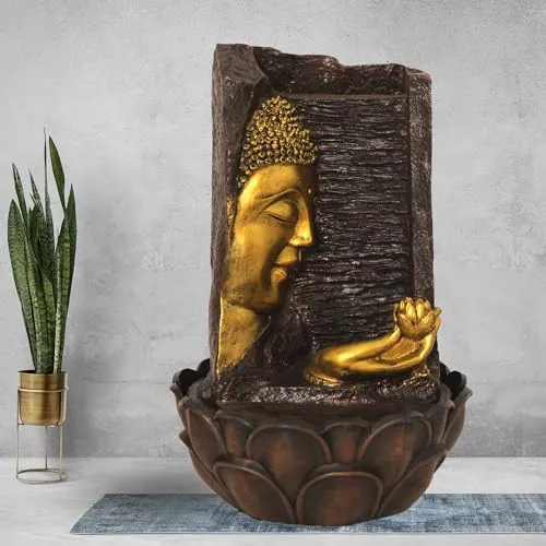 Art N Hub Lord Buddha Face Tabletop Waterfall Fountain Decorative Gift Items for Home and Office Also Good As Garden Decoration Items | Home Inauguration Gift Items (27 x 27 x 42 CM | Brown Golden)