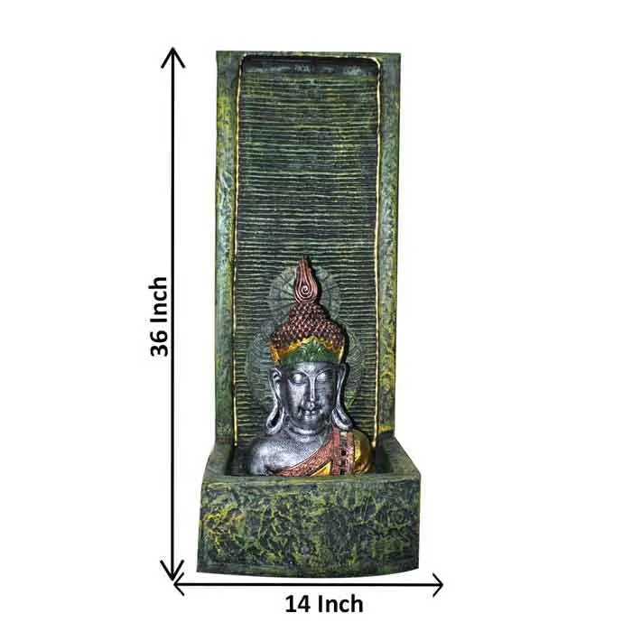 Art N Hub Lord Buddha Handicraft Big Indoor Outdoor Waterfall Fountain Balcony Decoration Items Fiber for Home Vastu (36 x 33 x 92 CM | Textured Green & Golden)