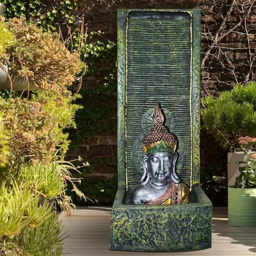 Art N Hub Lord Buddha Handicraft Big Indoor Outdoor Waterfall Fountain Balcony Decoration Items Fiber for Home Vastu (36 x 33 x 92 CM | Textured Green & Golden)