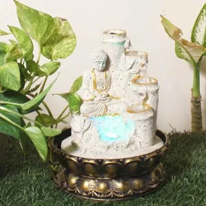 Art N Hub Lord Buddha Indoor Waterfall for Home Decoration Housewarming Gift Items Best Interior Decoration Items for Home (20 x 20 x 27 CM | Dotted Cream Golden)