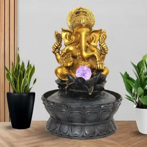 Art N Hub Lord Ganesha Indoor Outdoor Water Fountain Gift Items for Home Decoration and Office Decoration with Crystall Ball LED Light | Vastu Showpiece for Home (27 x 27 x 40 CM | Grey Golden)