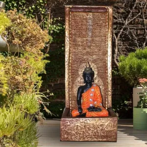 Art N Hub Lord Gautm Buddha Handicraft Big Indoor Outdoor Waterfall Fountain Balcony Decoration Items Fiber for Home Vastu (36 x 33 x 92 CM | Textured Brown & Golden)