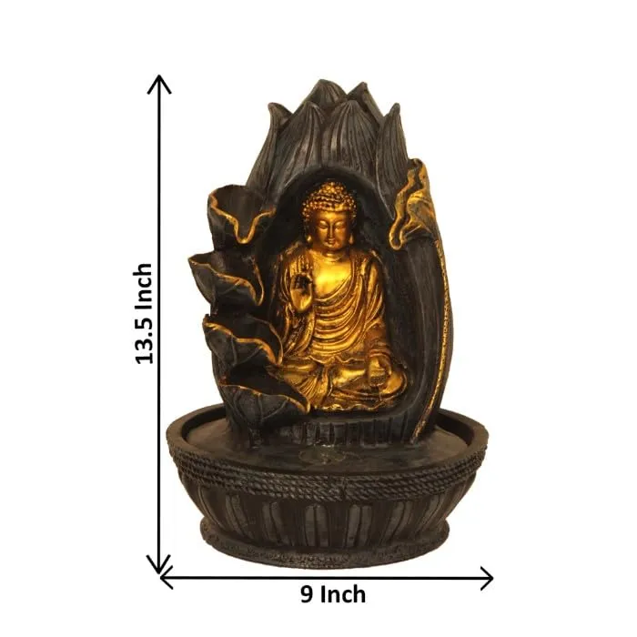 Art N Hub Lotus Buddha Handicraft Tabletop Indoor Outdoor Waterfall Fountain Balcony Decoration Items Water Fountain for Home Vastu (23 x 23 x 34 CM | Grey Golden)