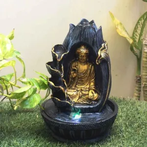 Art N Hub Lotus Buddha Handicraft Tabletop Indoor Outdoor Waterfall Fountain Balcony Decoration Items Water Fountain for Home Vastu (23 x 23 x 34 CM | Grey Golden)