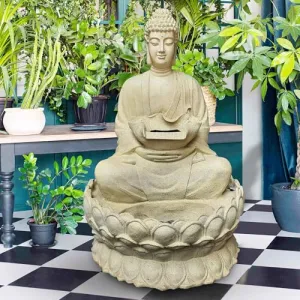 Art N Hub Lotus Buddha Indoor Outdoor Big Size Fengshui Fiber Office Decorative Items Best Ornaments for Home Decor (94 x 86 x 144 CM | Cream Dotted)