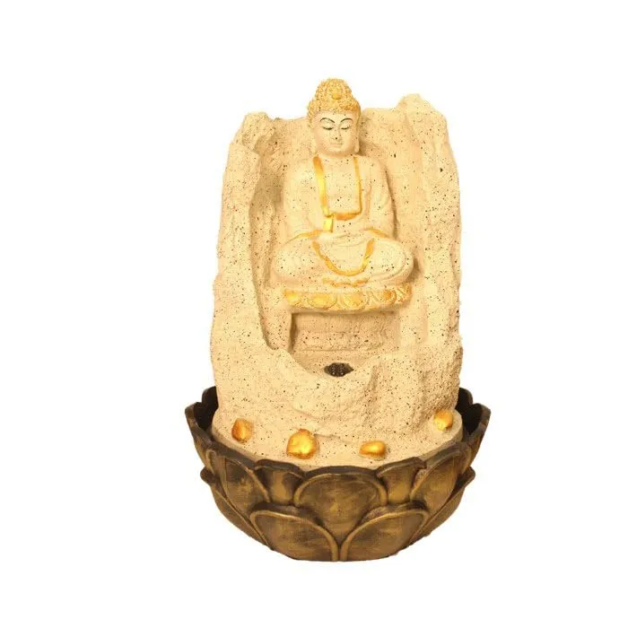 Art N Hub meditation buddha Indoor Outdoor Tabletop Water Fountain for Home Decor This Is Best Home Decor Items for Living Room | Housewarming Gift Items (27 x 27 x 42 CM | Dotted Cream Golden)