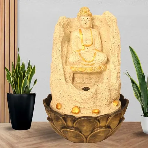 Art N Hub meditation buddha Indoor Outdoor Tabletop Water Fountain for Home Decor This Is Best Home Decor Items for Living Room | Housewarming Gift Items (27 x 27 x 42 CM | Dotted Cream Golden)