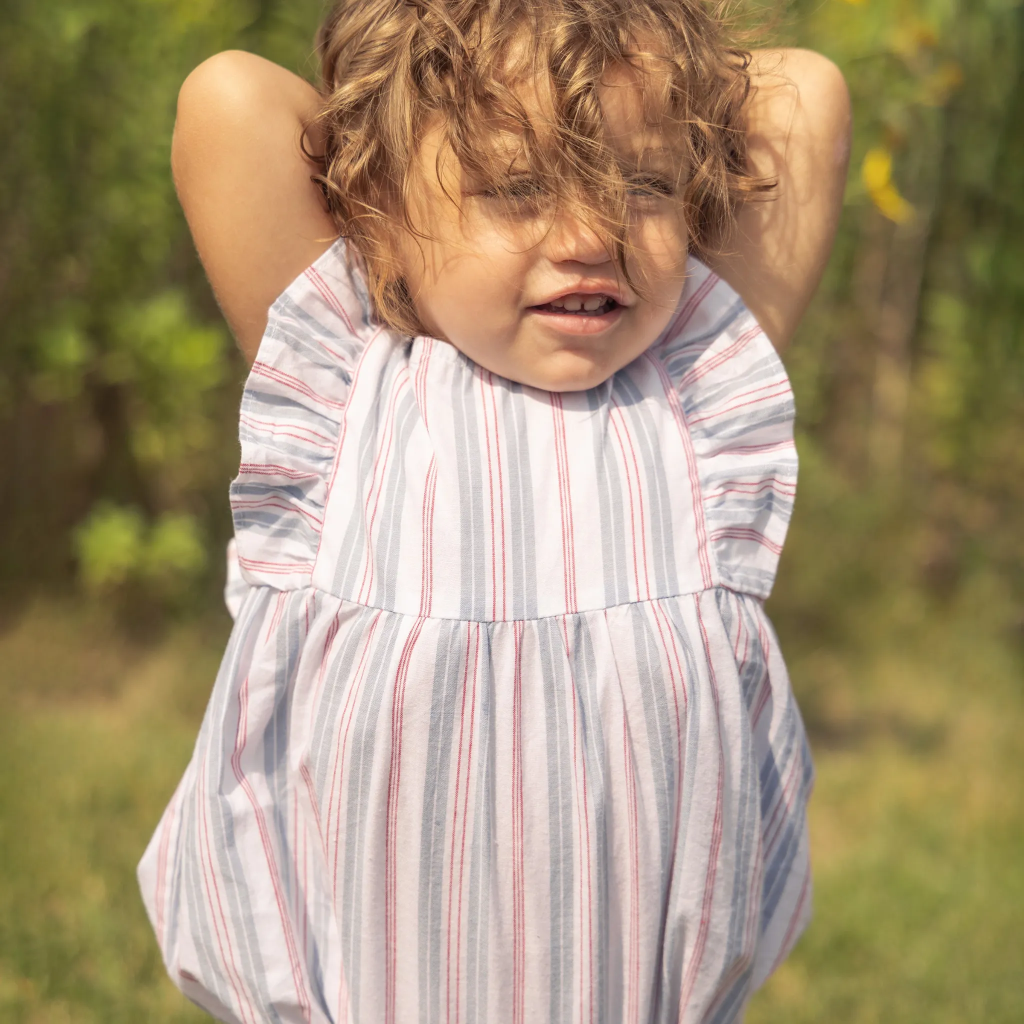 Baby's Twill Ruffled Romper in Vintage French Stripes