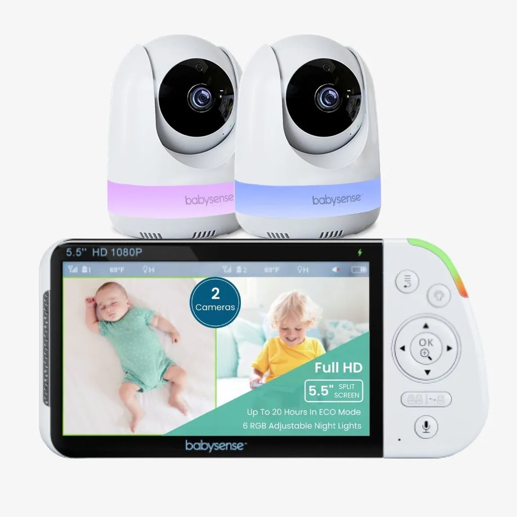 Babysense Max View: Video Baby Monitor with 2 Cameras, Non Wifi, Split Screen, Night Light & Sound Machine