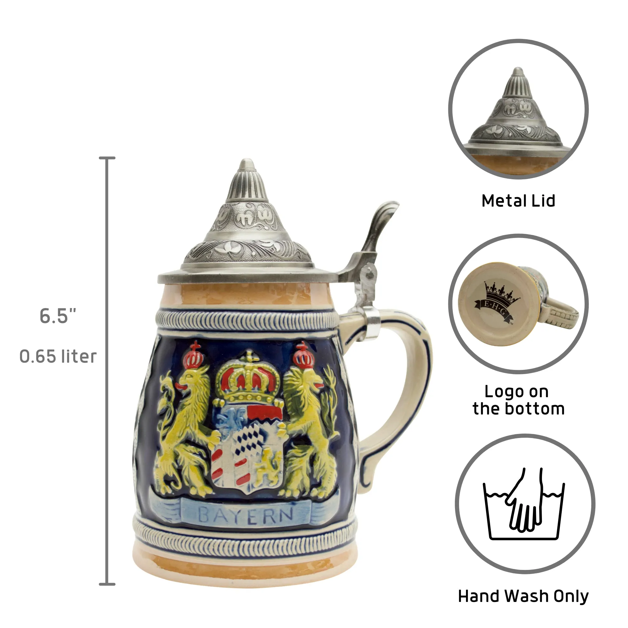 Bayern Coat of Arms Engraved German Beer Stein with Engraved Metal Lid