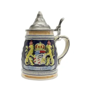 Bayern Coat of Arms Engraved German Beer Stein with Engraved Metal Lid