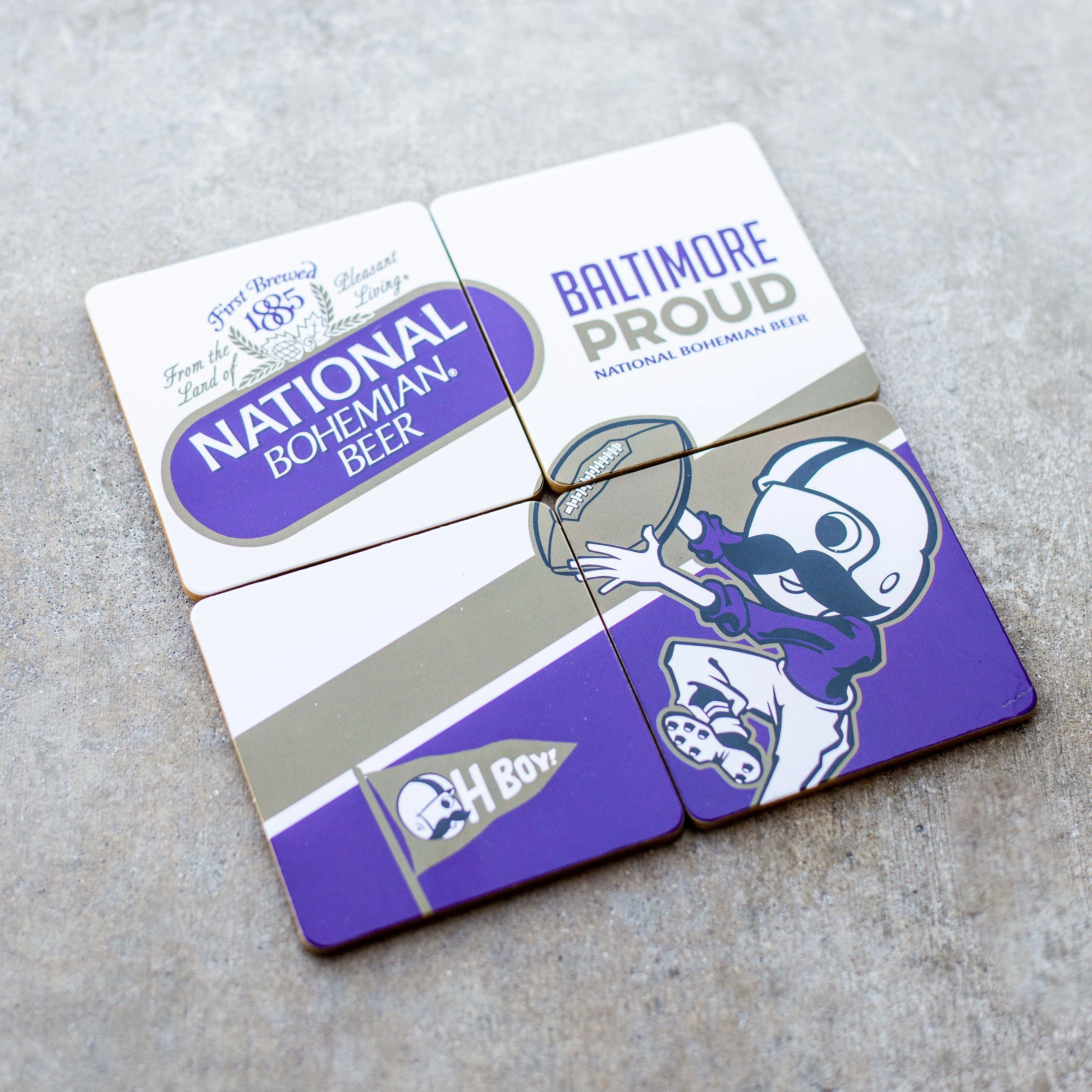 Bohtimore Football - National Bohemian (Purple) / 4-Piece Cork Coaster Set