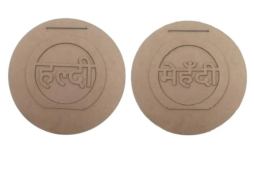 ChoiceHub Gifts Wooden Haldi & Mehndi Platter Combo Set with Hindi Script हल्दी and मेहंदी – 3mm MDF Wood Decorative Plate for Indian Wedding Ceremonies – 28 cm Base & 18 cm Top