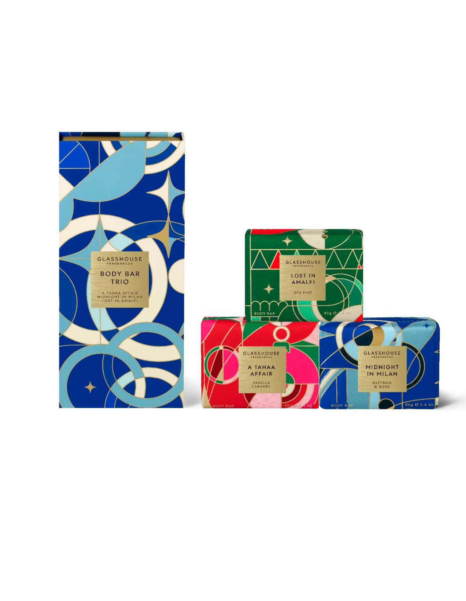 Christmas Body Bar Gift Set 3 x 95g Soaps - Tahaa, Amalfi, Milan - Glasshouse Fragrances