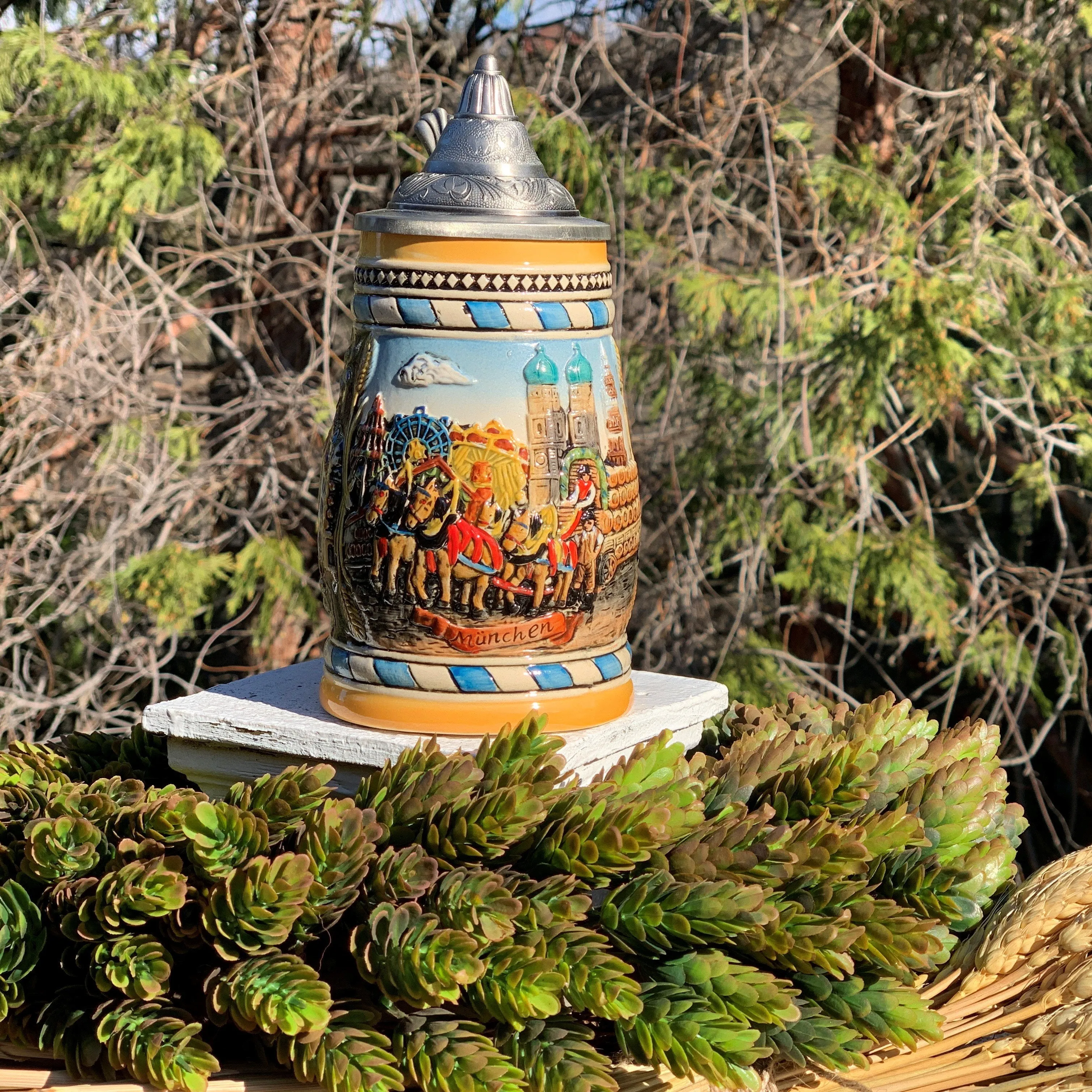 Classic Munich Scene Collectible German Beer Stein with Metal Lid