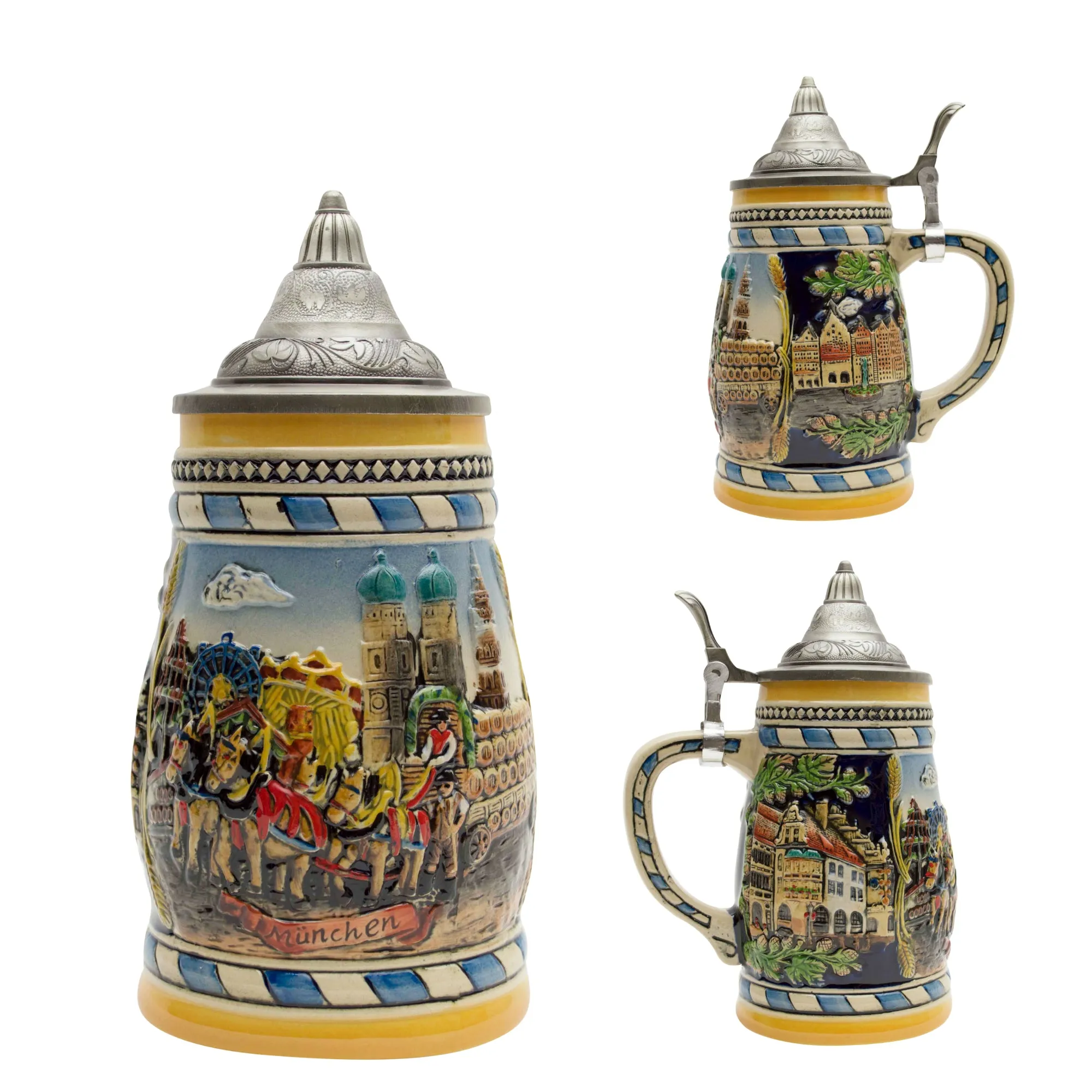 Classic Munich Scene Collectible German Beer Stein with Metal Lid