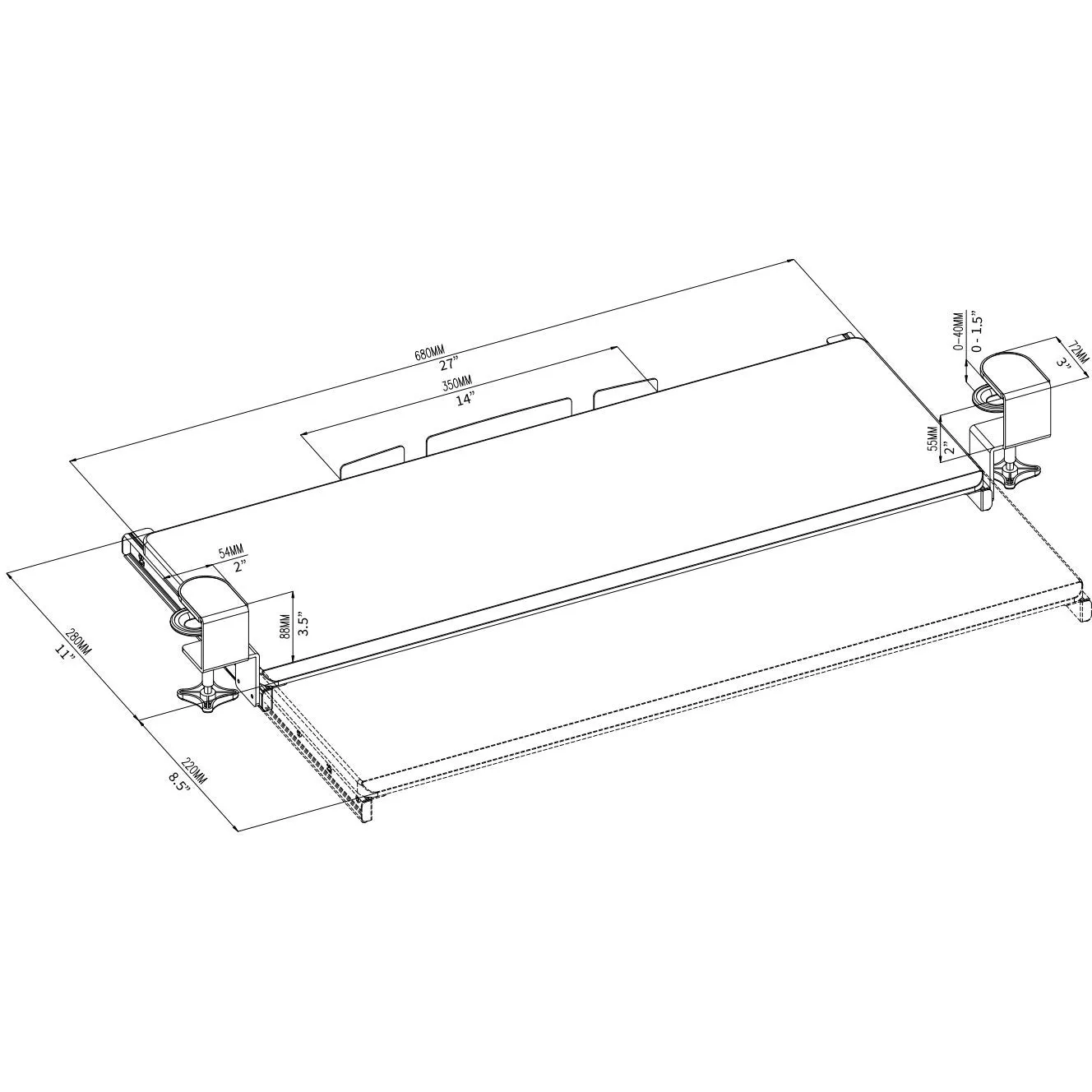 Computer Keyboard and Mouse Under Desk Mount Slider Tray