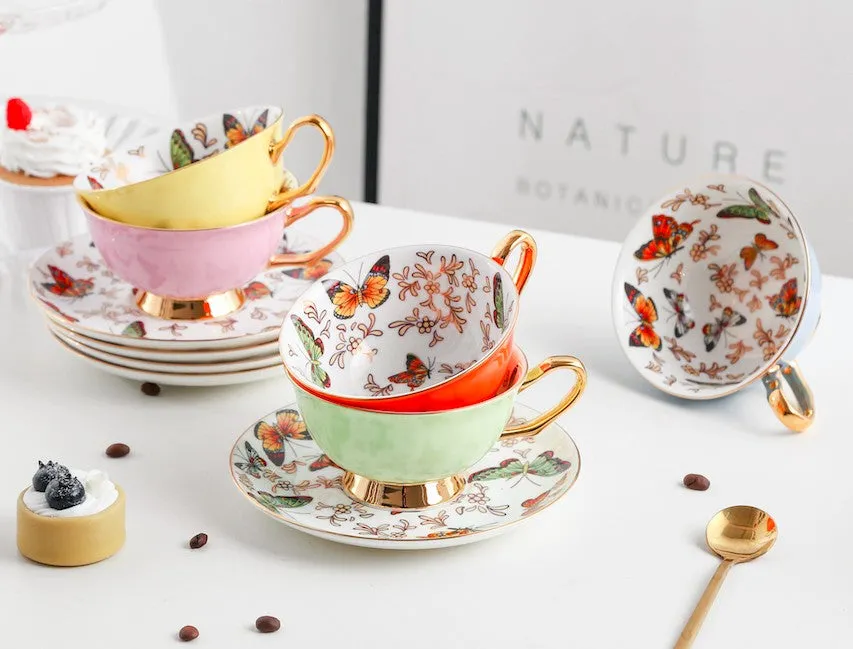 Creative Butterfly Ceramic Coffee Cups, Unique Butterfly Coffee Cups and Saucers, Beautiful British Tea Cups, Creative Bone China Porcelain Tea Cup Set