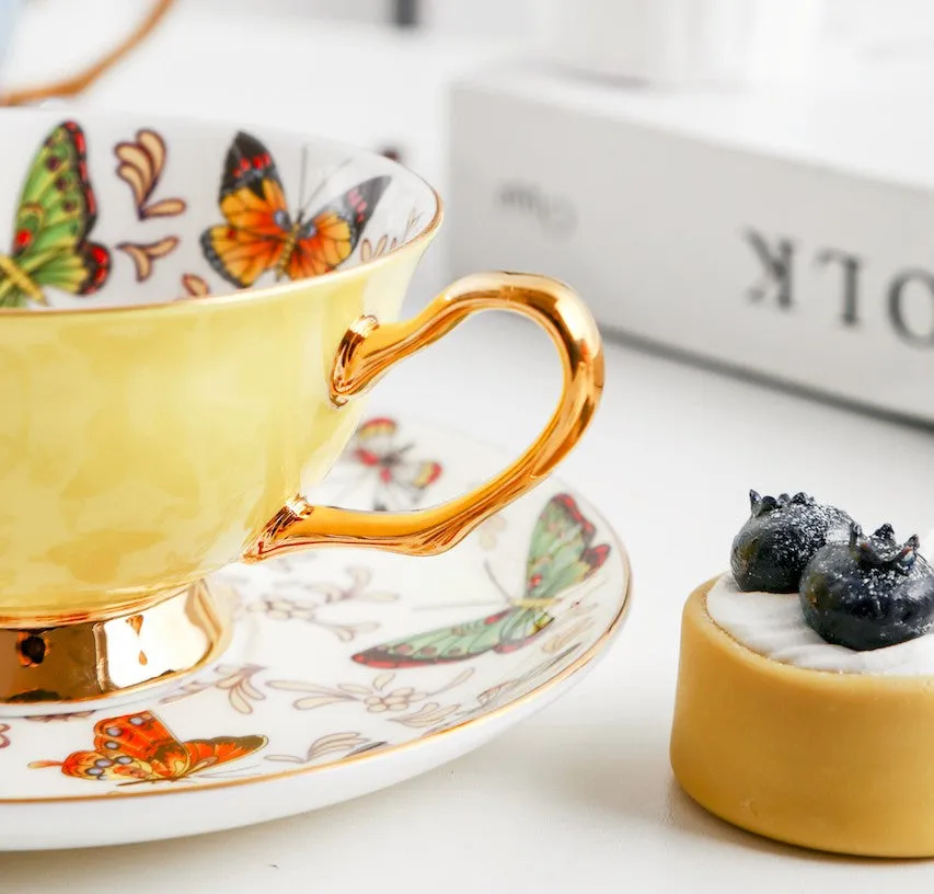 Creative Butterfly Ceramic Coffee Cups, Unique Butterfly Coffee Cups and Saucers, Beautiful British Tea Cups, Creative Bone China Porcelain Tea Cup Set