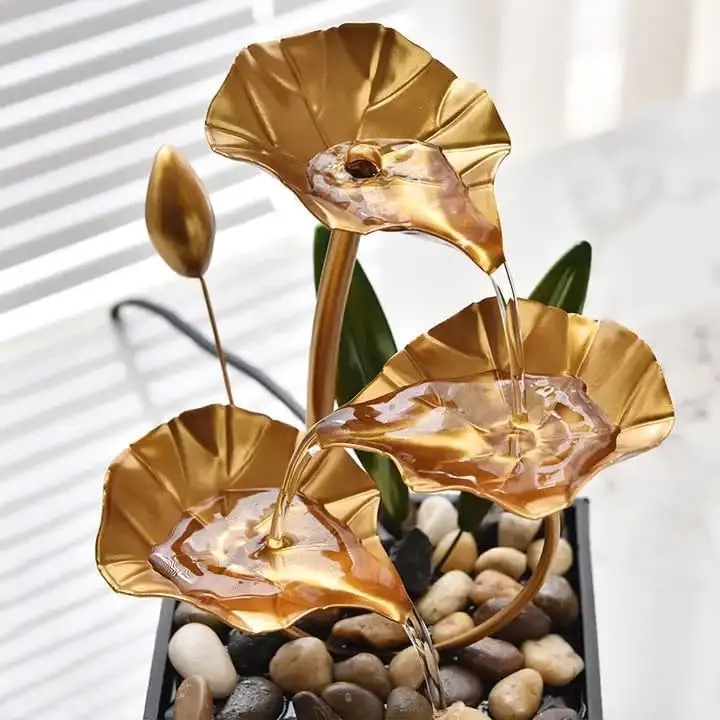 Drumil Decor Ornament with Waterfall Desktop Lotus, Deep Basin and Natural River Rocks, Indoor Zen Relaxation for Office, Bedroom Decor Item Metal Tabletop Water Fountain (Golden, 1 pc)