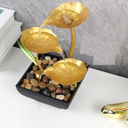 Drumil Decor Ornament with Waterfall Desktop Lotus, Deep Basin and Natural River Rocks, Indoor Zen Relaxation for Office, Bedroom Decor Item Metal Tabletop Water Fountain (Golden, 1 pc)