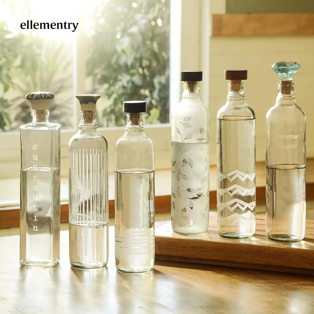 Ellementry crown glass bottle with tumbler| 750 ml | Clear | Water Bottle | Milk Bottle | Juice Bottle | Cocktail Bottle | Handcrafted | Sustainable | Food Safe | Form & Function | Set of 2