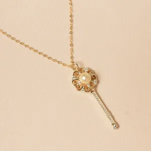 [Everyday Essentials] Japanese Akoya Pearl Golden Key Design Pendant w/ Gold Plated Chain