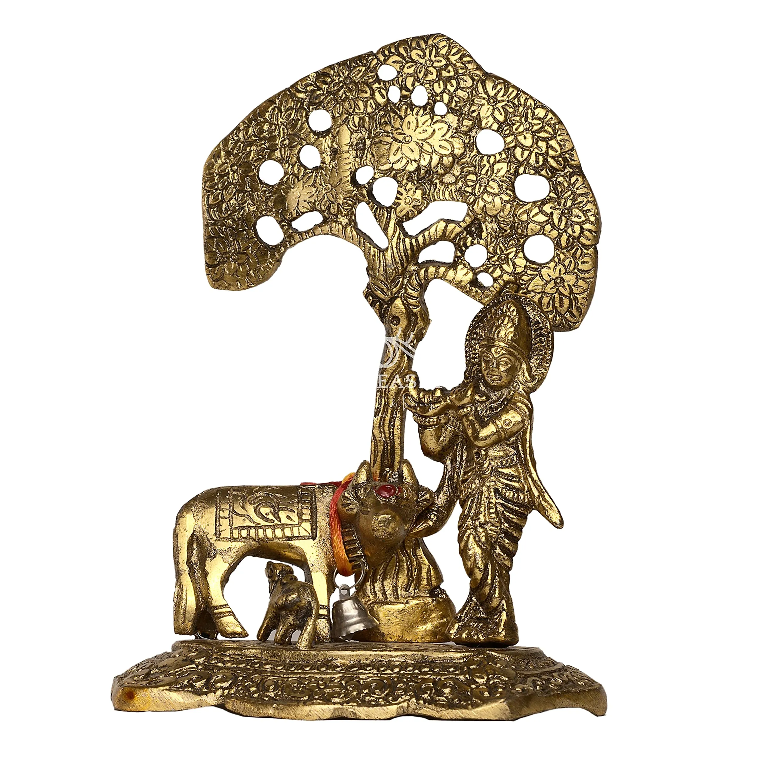 Expleasia, Exuberant & Luxury Decor Cow Calf Krishna Under Tree Decorative Showpiece - 17 cm (Metal, Gold)