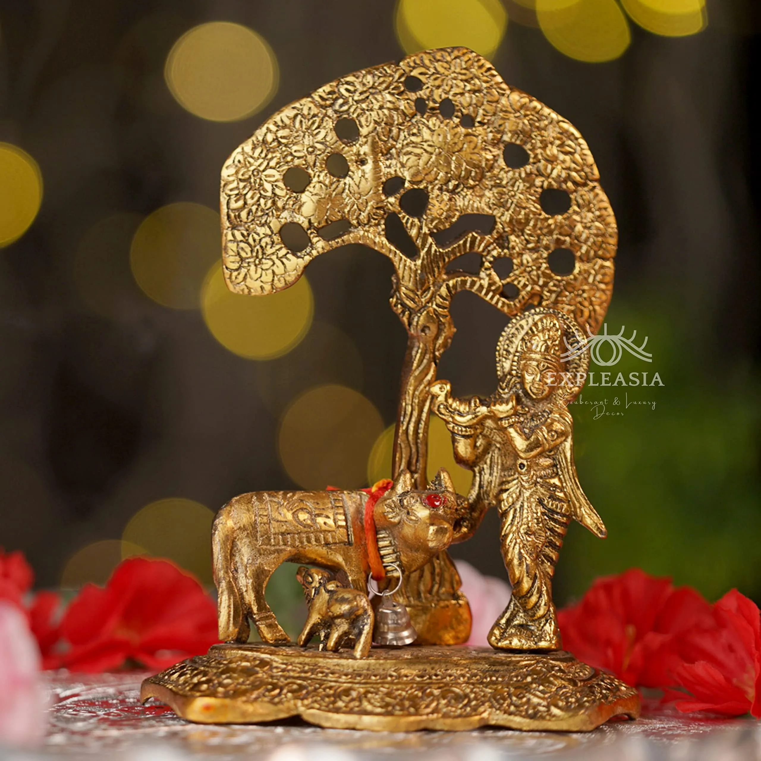 Expleasia, Exuberant & Luxury Decor Cow Calf Krishna Under Tree Decorative Showpiece - 17 cm (Metal, Gold)