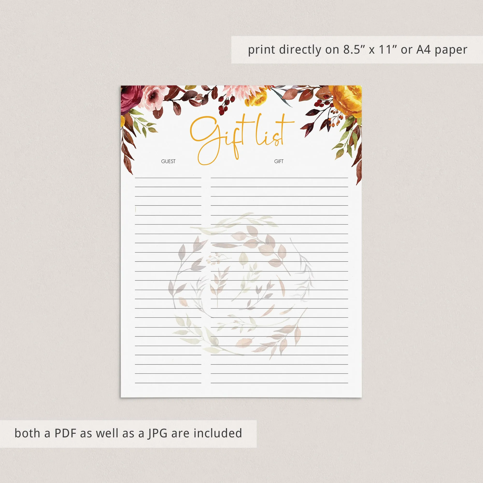 Fall Party Gift Checklist Printable Instant Download