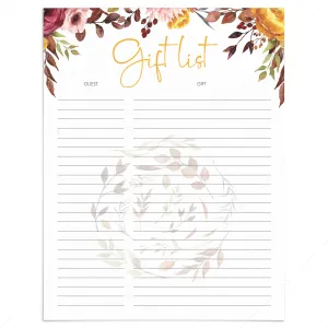 Fall Party Gift Checklist Printable Instant Download