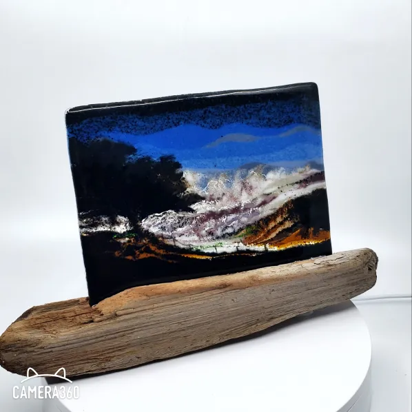 Glass Tapestry - "Rocky Point Storm", 7.5" 5.5". 1/4" thick glass in driftwood stand.