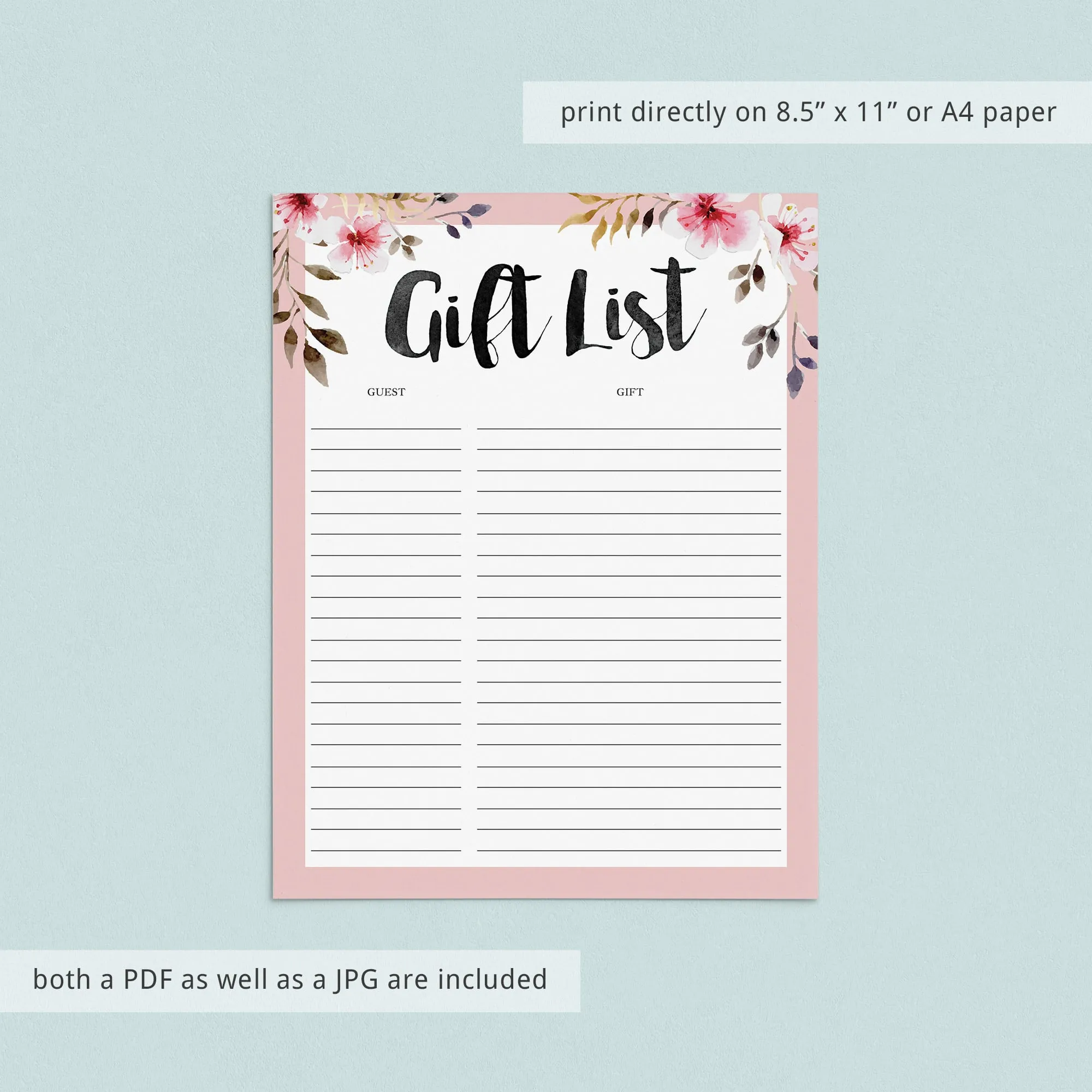 Guest and Gift Tracker Printable with Blush Pink Flowers