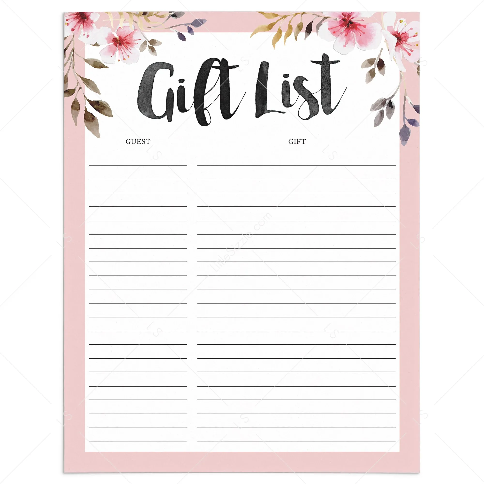 Guest and Gift Tracker Printable with Blush Pink Flowers