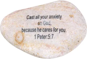 Holy Land Market Extra Large Engraved Inspirational Scripture Biblical Natural Stones Collection - Stone II : 1 Peter 5:7 :" Cast All Your Anxiety on God, Because he Cares for You.