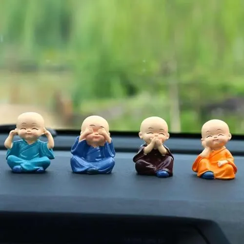 IRQA Resin Set of 4 Buddha Monk Statues Miniature Figurines Showpiece for Wall Shelf Table Desktop Car Dashboard Decoration Home Office Decor (Cute_Buddha_Set-of-4) (Style_5