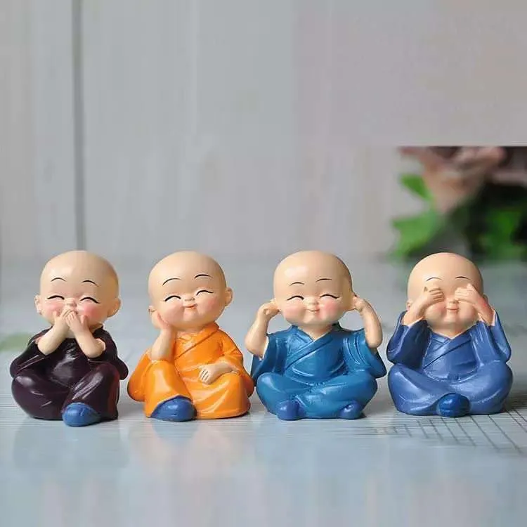 IRQA Resin Set of 4 Buddha Monk Statues Miniature Figurines Showpiece for Wall Shelf Table Desktop Car Dashboard Decoration Home Office Decor (Cute_Buddha_Set-of-4) (Style_5