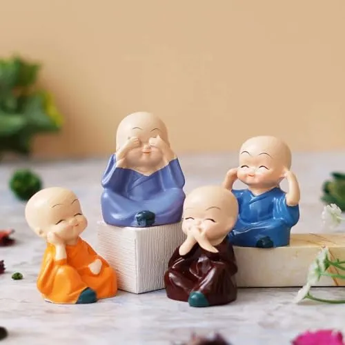 IRQA Resin Set of 4 Buddha Monk Statues Miniature Figurines Showpiece for Wall Shelf Table Desktop Car Dashboard Decoration Home Office Decor (Cute_Buddha_Set-of-4) (Style_5