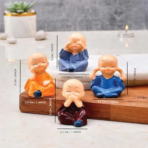 IRQA Resin Set of 4 Buddha Monk Statues Miniature Figurines Showpiece for Wall Shelf Table Desktop Car Dashboard Decoration Home Office Decor (Cute_Buddha_Set-of-4) (Style_5