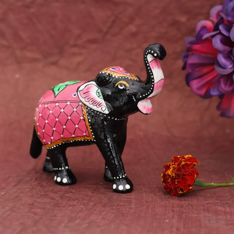 JAIPUR ACE Paper Mache Handmade Decorative Rajasthani Design Elephant Showpiece for Living Room Home Decor and Gift Purpose (Pink & Black)