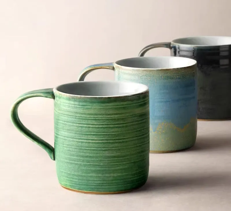 Large Modern Handmade Pottery Coffee Cup, Large Capacity Coffee Mugs, Creative Handmade Coffee Mugs, Blue Green Black Ceramic Coffee Mugs