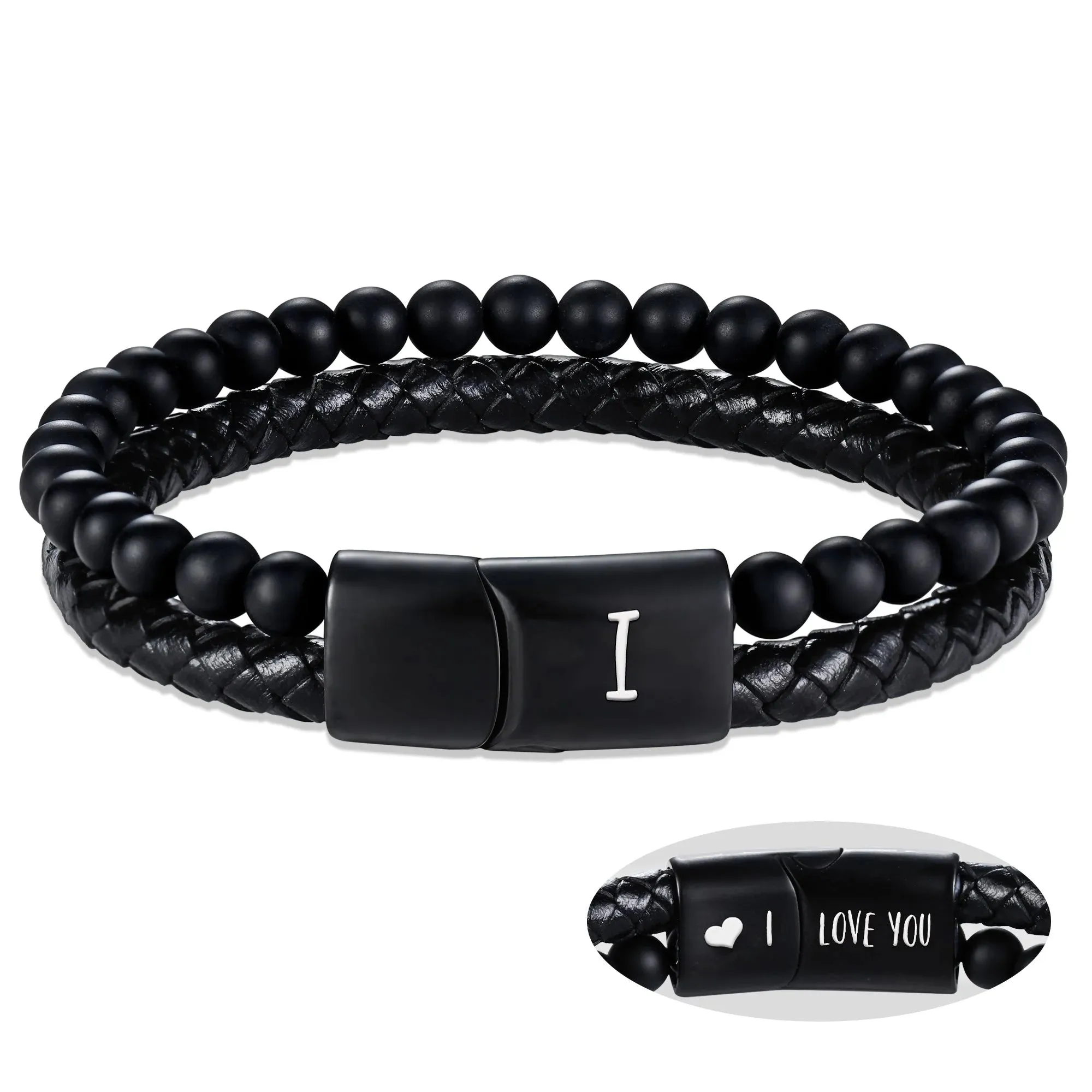 Leather Bracelet for Men Initial I Layered Black Beaded Bracelets I Love You Gifts for Him