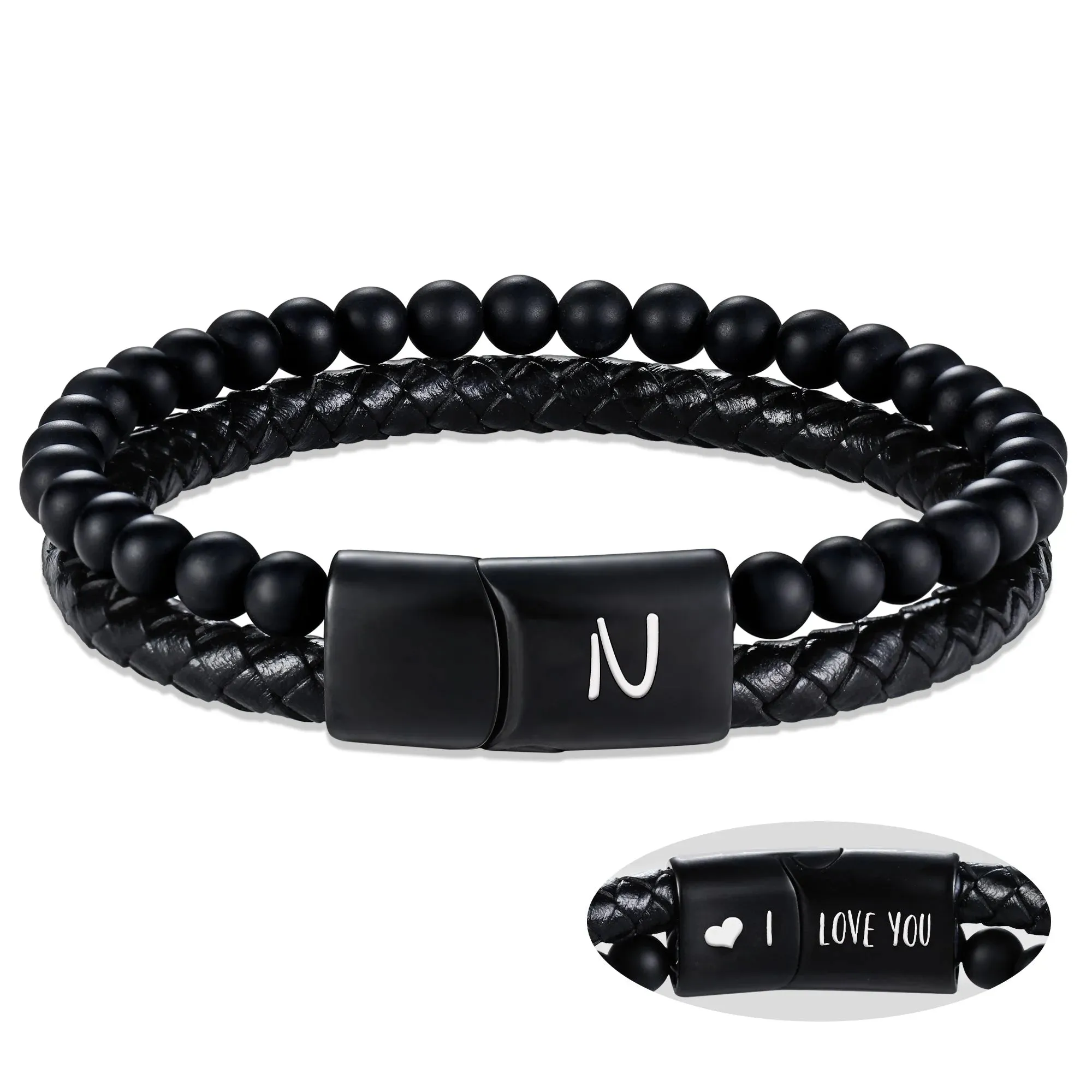 Leather Bracelet for Men Initial N Layered Black Beaded Bracelets I Love You Gifts for Him