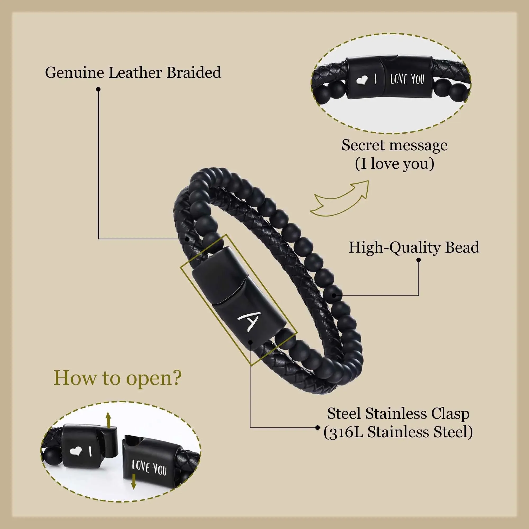 Leather Bracelet for Men Initial N Layered Black Beaded Bracelets I Love You Gifts for Him