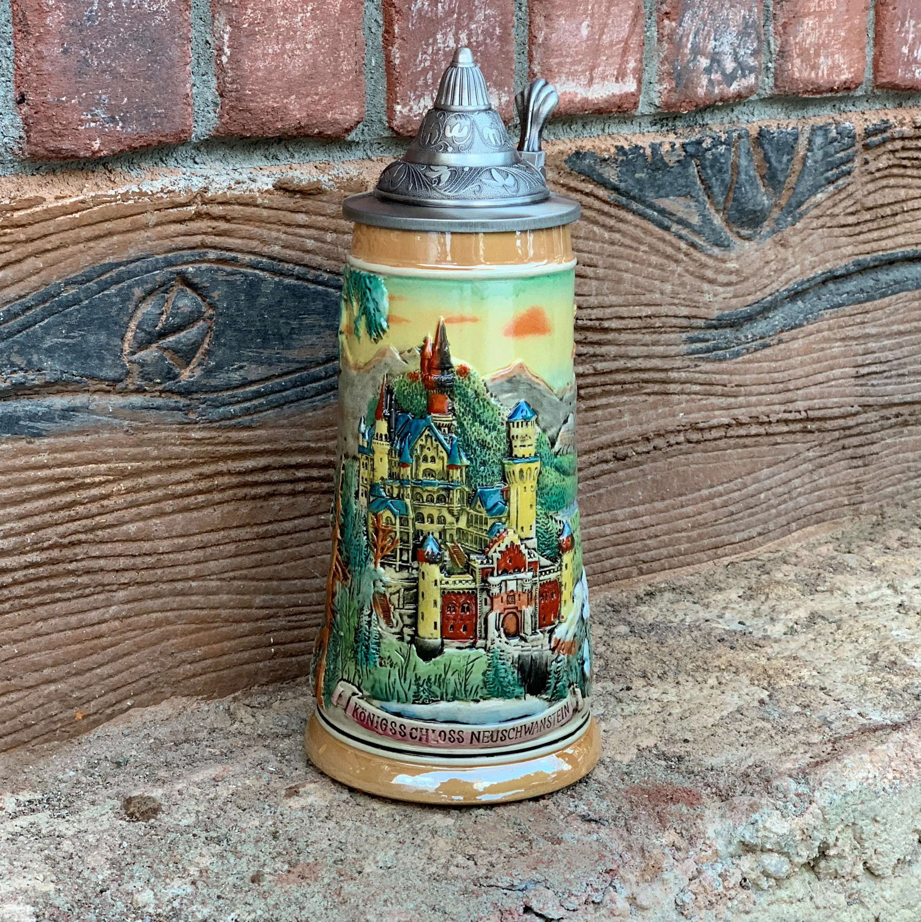 Ludwig's Castle Mountain Scene Engraved Beer Stein with Metal Lid