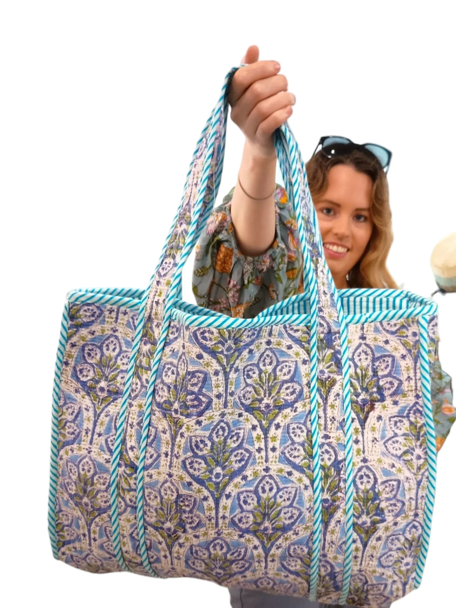 Melange - Handcrafted Sturdy Fan Tote Bag – Blue & Green Block Print