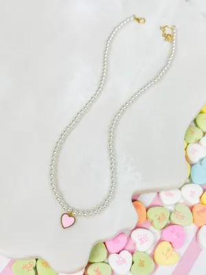 Pearl Bead Heart Charm Necklace - Pink